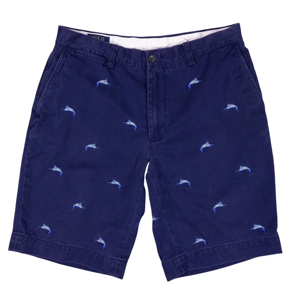 Polo Ralph Lauren Chino Shorts Mens 32 Blue Cotton Marlin Embroidered Fish